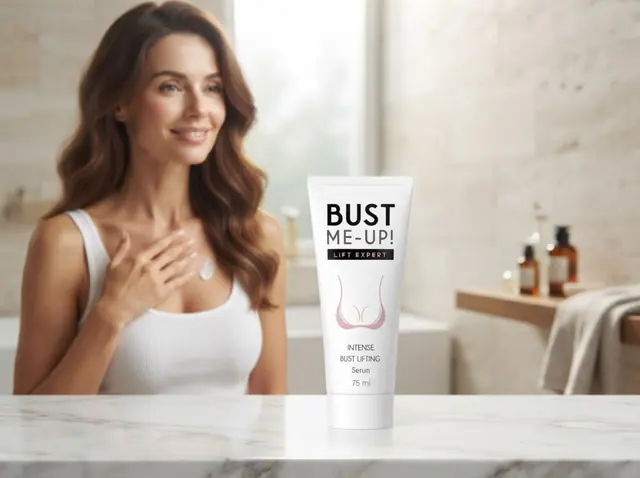 Brunetka w białym topie w łazience, na blacie tuba Bust Me-Up i kosmetyki