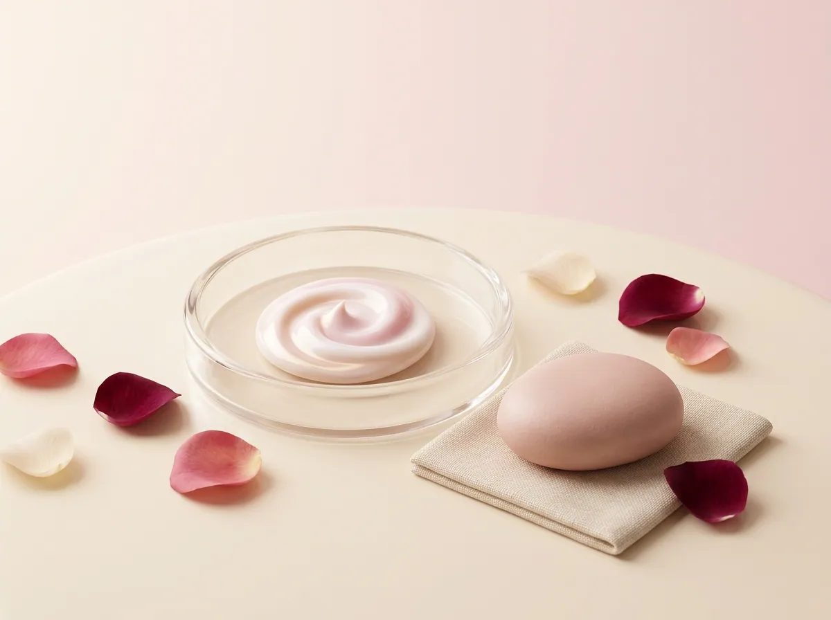 Ilustracja 3D: szklana miseczka z kremowym serum, kamień do masażu i płatki