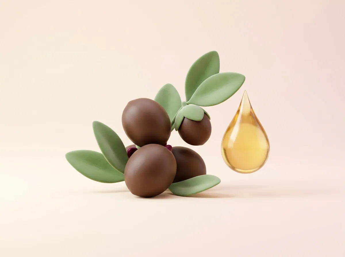 Ilustracja 3D: nasiona jojoba, zielone liście i kropla złotego oleju