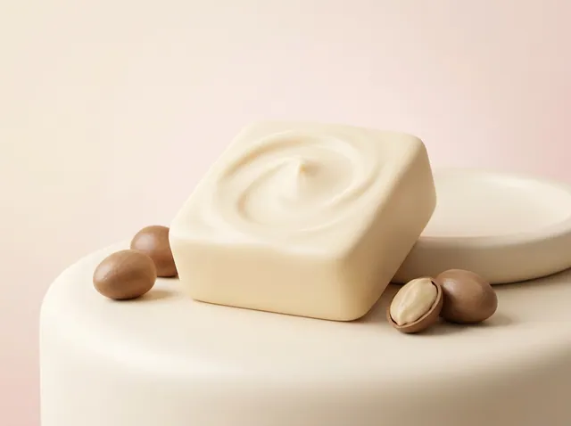 Ilustracja 3D: kremowa bryłka masła shea i orzechy shea