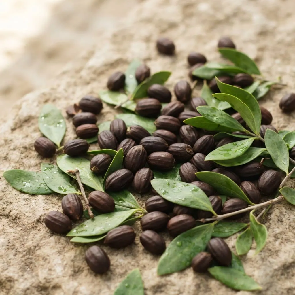 Nasiona jojoba z zielonymi liśćmi — olej jojoba